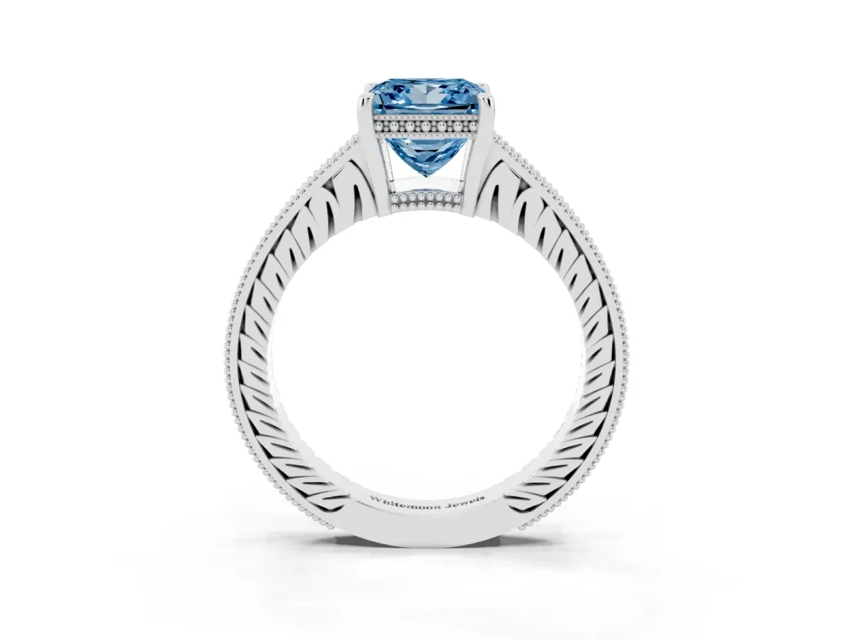 Fancy Blue Princess Cut Solitaire Pavé Diamond Milgrain Engagement Ring with Four-Prong Setting Silver