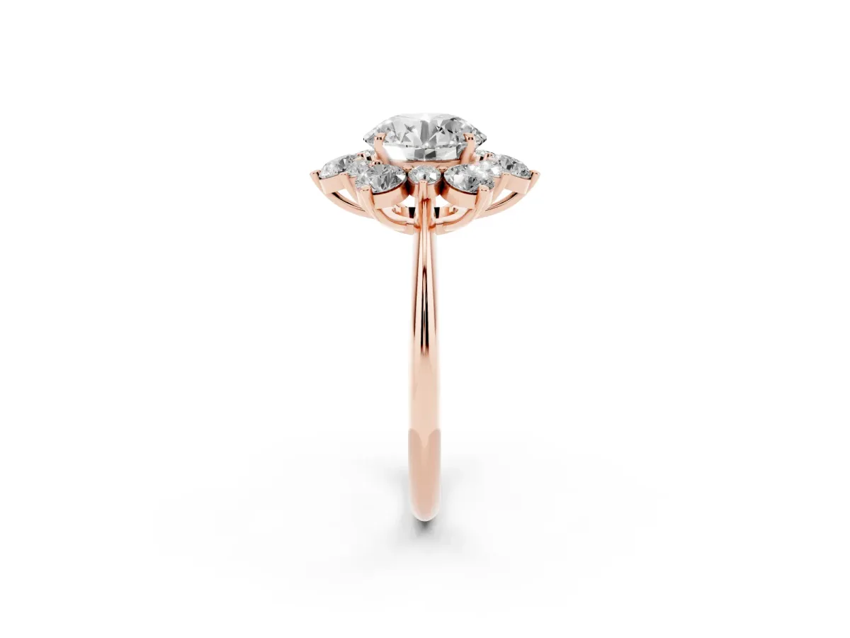 Round Cut Diamond Cluster Halo Ring with Solitaire Band and Four-Prong Setting Rose gold