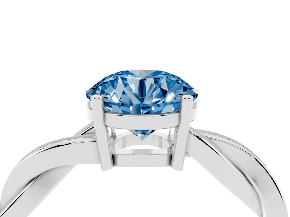 Fancy Blue Round Cut Solitaire Twisted Pave Diamond Ring with Four-Prong Setting Silver