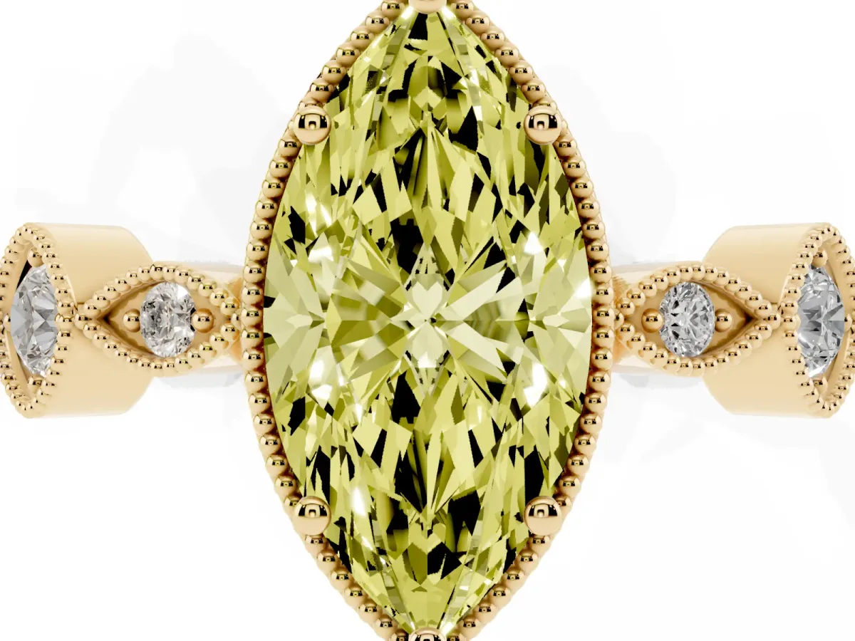 Fancy Yellow Marquise Cut Diamond Vintage Milgrain Ring with Round Stations Yellow gold