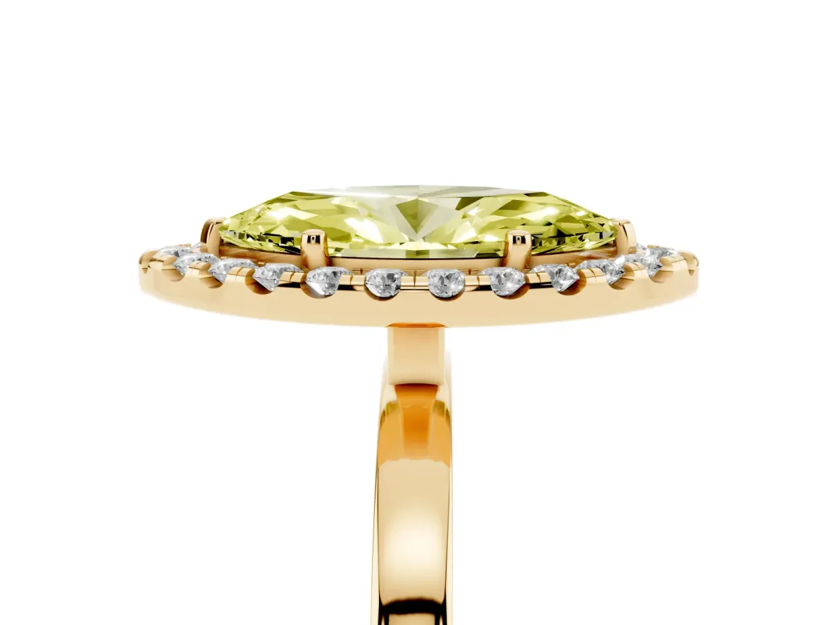 Fancy Yellow Marquise Cut Halo Diamond Solitaire with Pavé Band and Four-Prong Setting Yellow gold