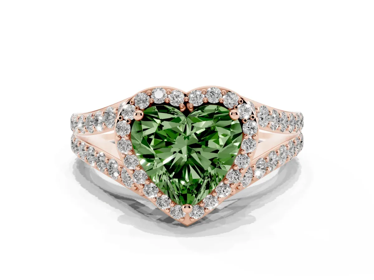 Fancy Green Heart Cut Diamond Split Shank Halo Ring with Four-Prong Setting Rose gold