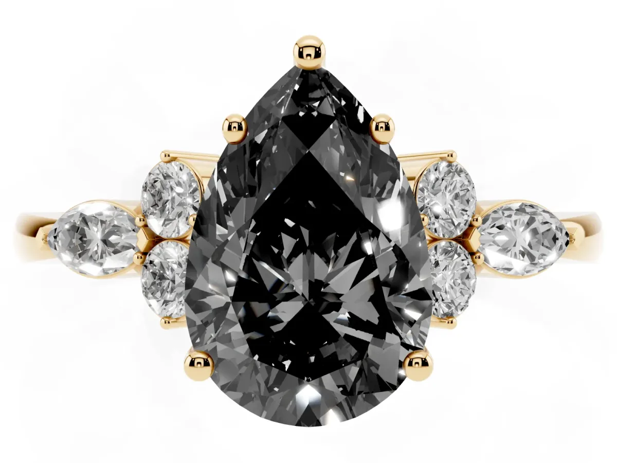 Fancy Black Pear Cut Brilliant Diamond Solitaire Ring with Pear Side Stones and Four-Prong Setting Yellow gold