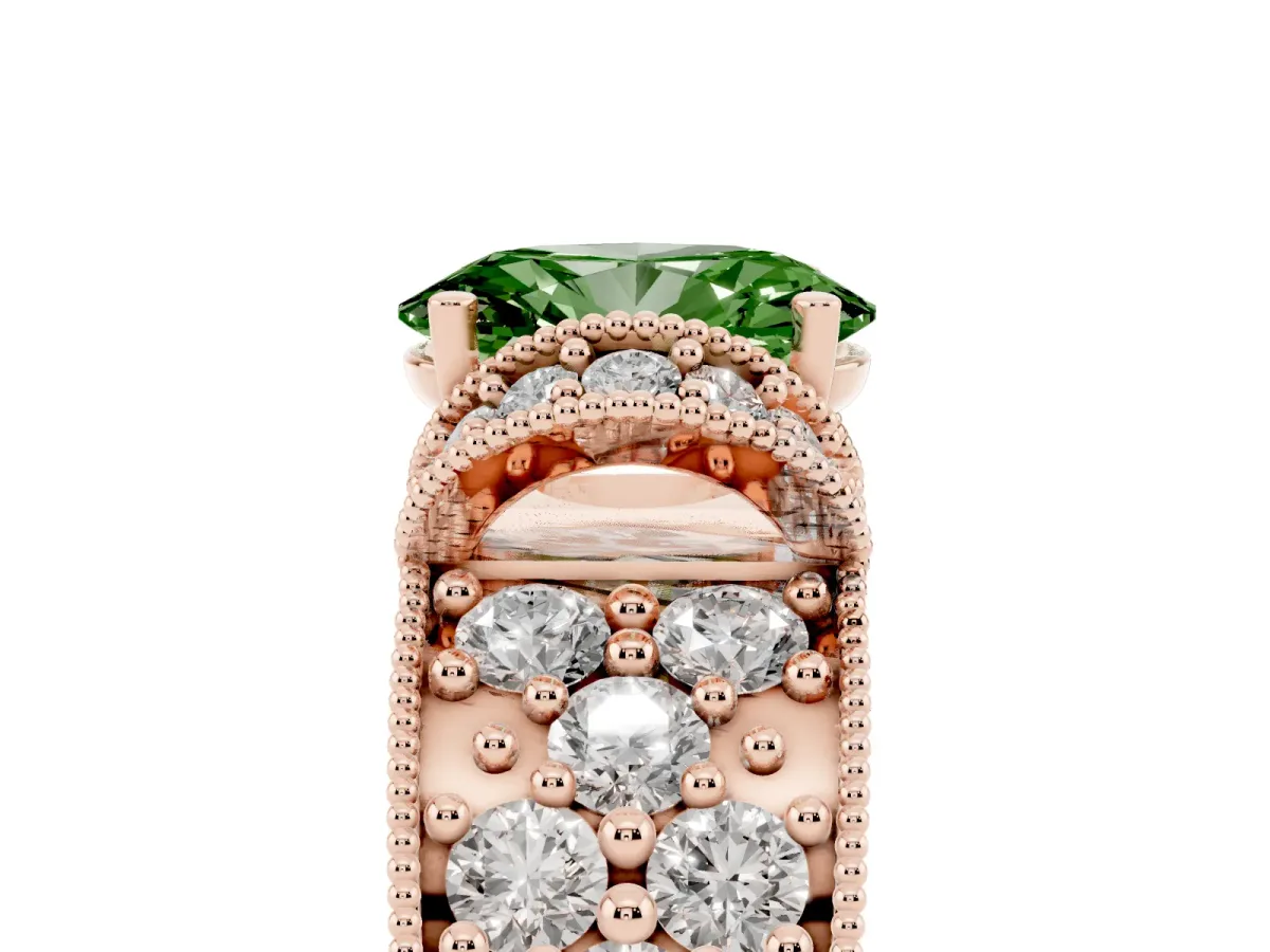 Fancy Green Oval Cut Halo Pave Diamond Engagement Ring with Milgrain Detailing Rose gold