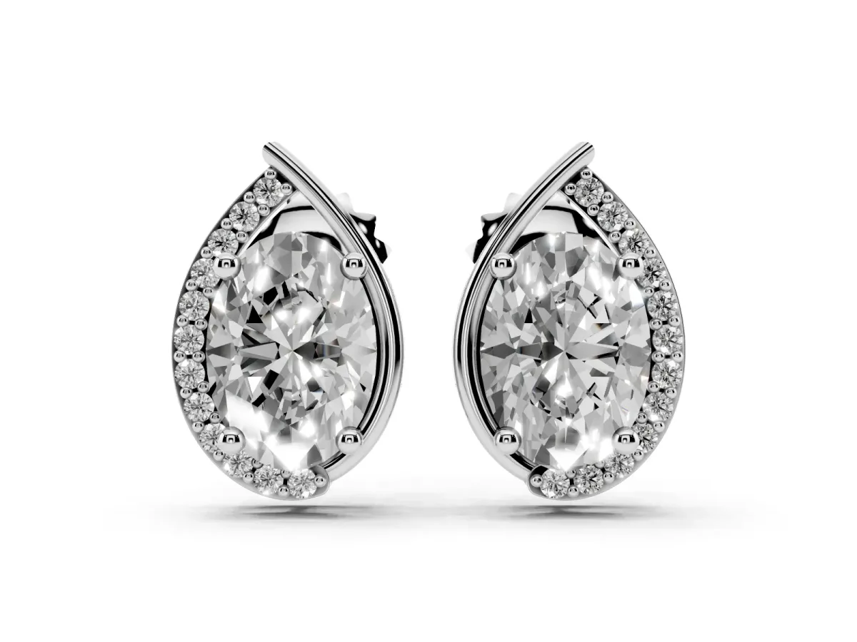 Oval Diamond Teardrop Framed Stud Earrings Silver