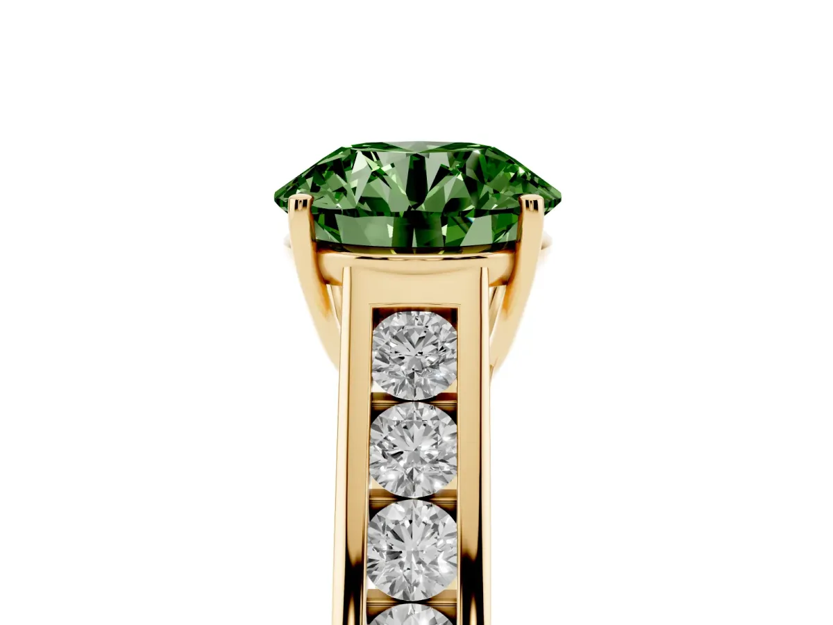 Fancy Green Round Cut Brilliant Channel-Set Solitaire Ring with Four-Prong Setting Yellow gold