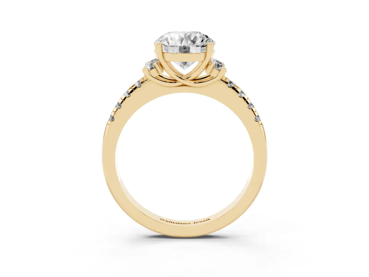 Round Cut Diamond Three-Stone Pave Band with Four-Prong Setting Yellow gold