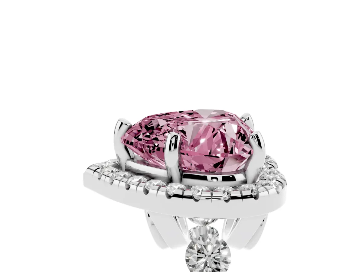 Fancy Pink Heart Cut Halo Pavé Diamond Engagement Ring with Four-Prong Setting Platinum