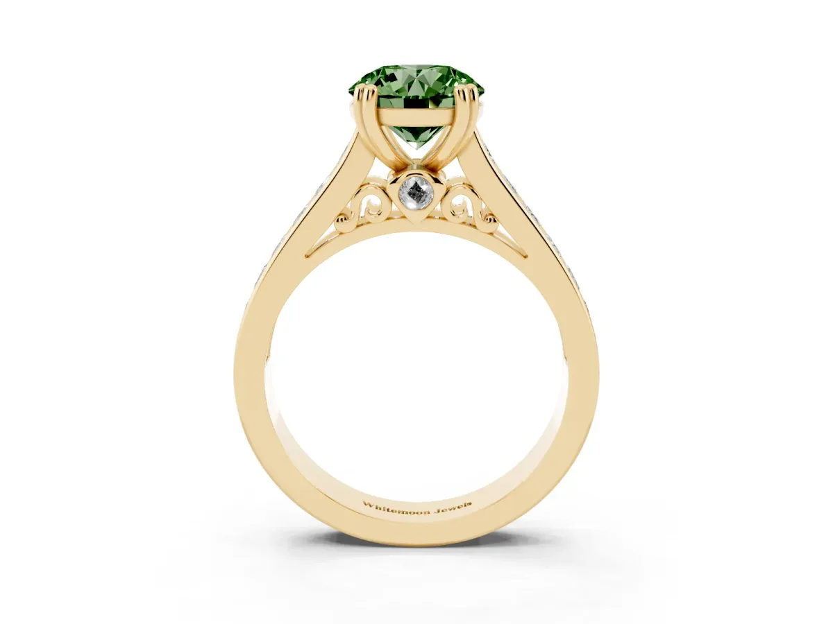 Fancy Green Round Cut Cut Channel Set Solitaire Engagement Ring with Prong Setting Yellow gold