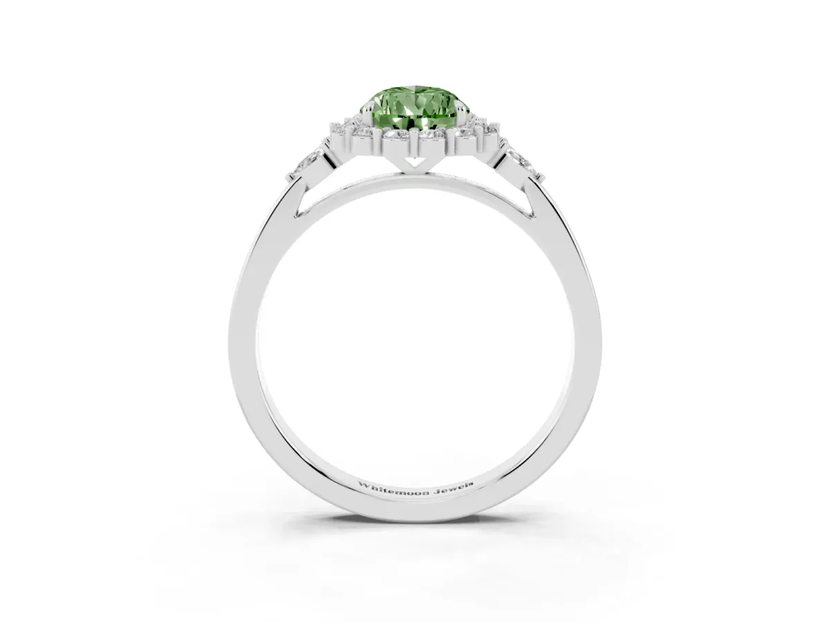 Fancy Green Pear Cut Diamond Halo Ring with Pear Side Stones and Prong Setting Silver
