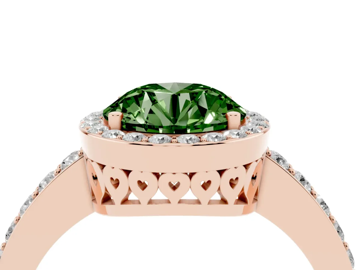 Fancy Green Round Cut Halo Diamond Pavé Band Ring with Prong Setting Rose gold