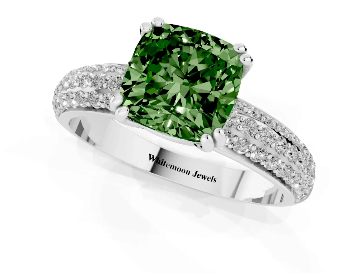 Fancy Green Cushion Cut Diamond Solitaire Ring with Multi-Row Round Pavé Band and Prong Setting Silver