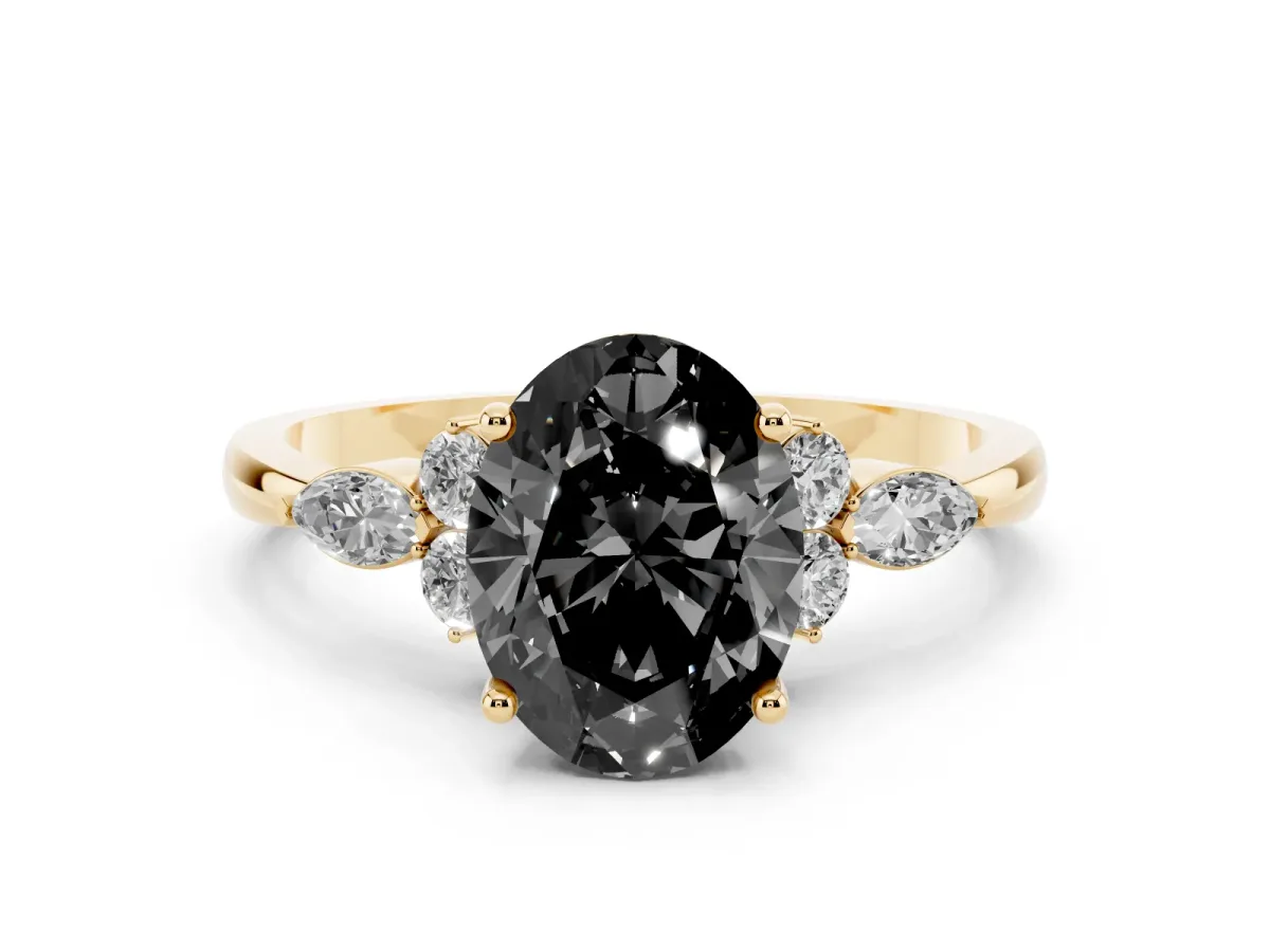 Fancy Black Oval Cut Brilliant Diamond Solitaire Ring with Pear Side Stones and Four-Prong Setting Yellow gold