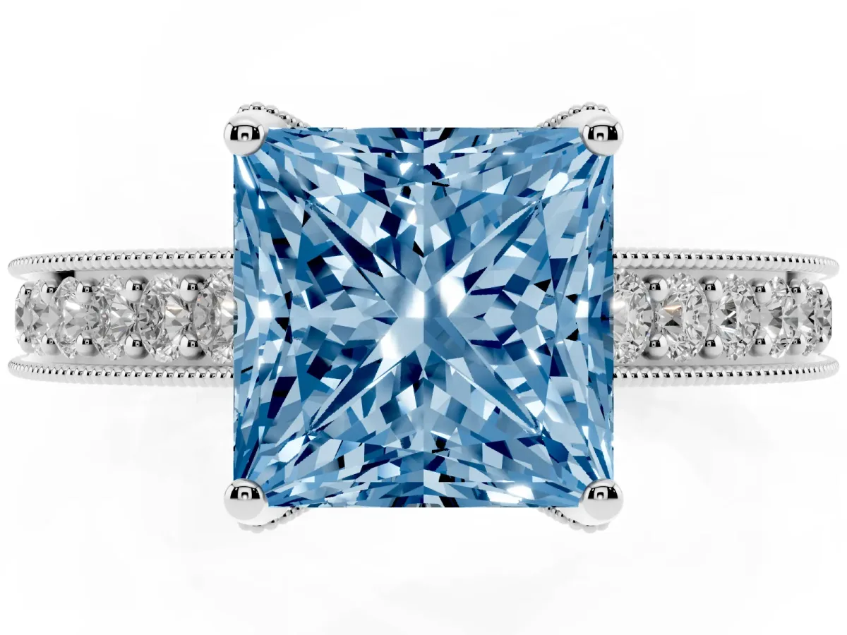 Fancy Blue Princess Cut Cut Diamond Solitaire Ring with Milgrain Pave Band and Four Prong Setting Silver