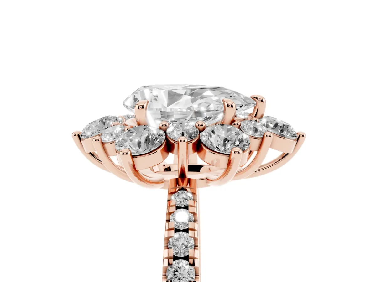 Pear Cut Diamond Floral Halo Ring with Round Pavé Band and Prong Setting Rose gold