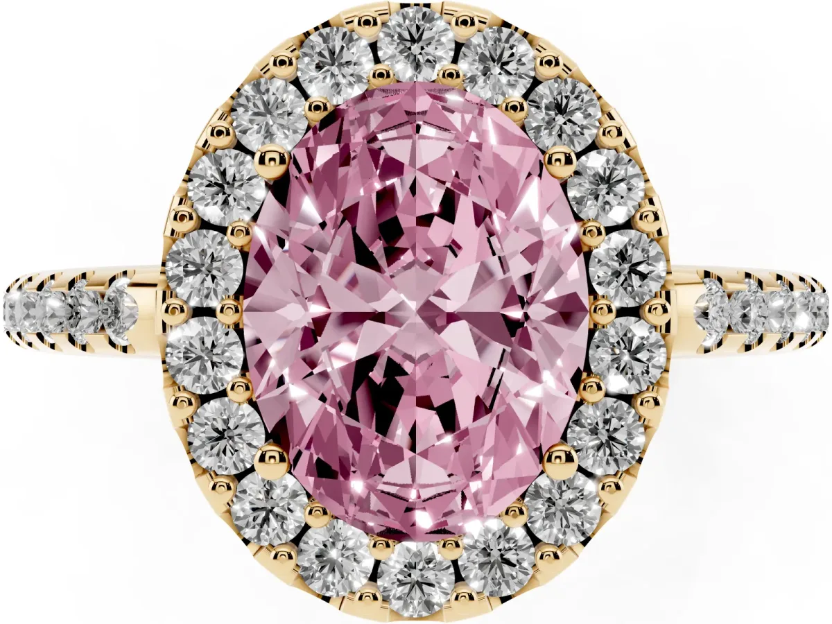 Fancy Pink Oval Cut Diamond Pavé Halo Ring with Four-Prong Setting Yellow gold