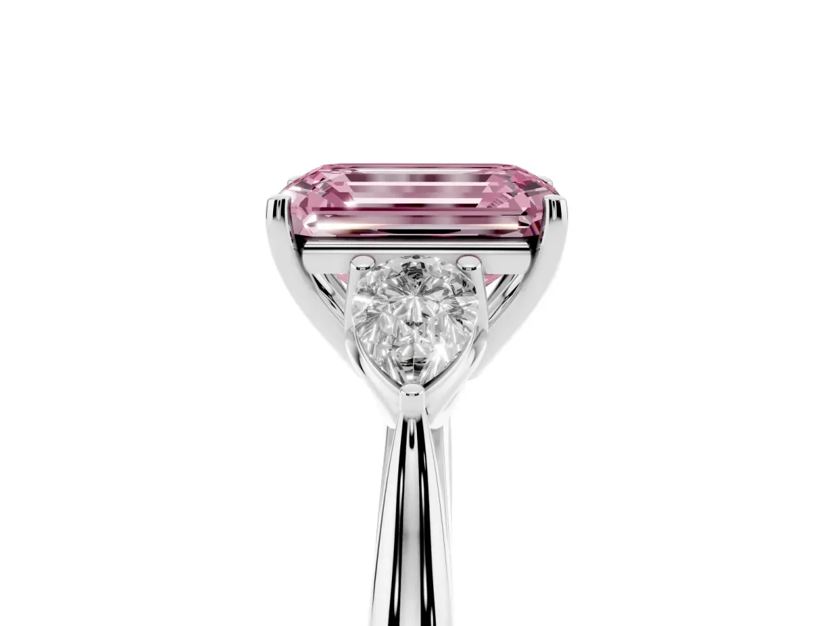 Fancy Pink Emerald Cut Diamond Three-Stone Ring with Pear Side Stones and Prong Setting Silver