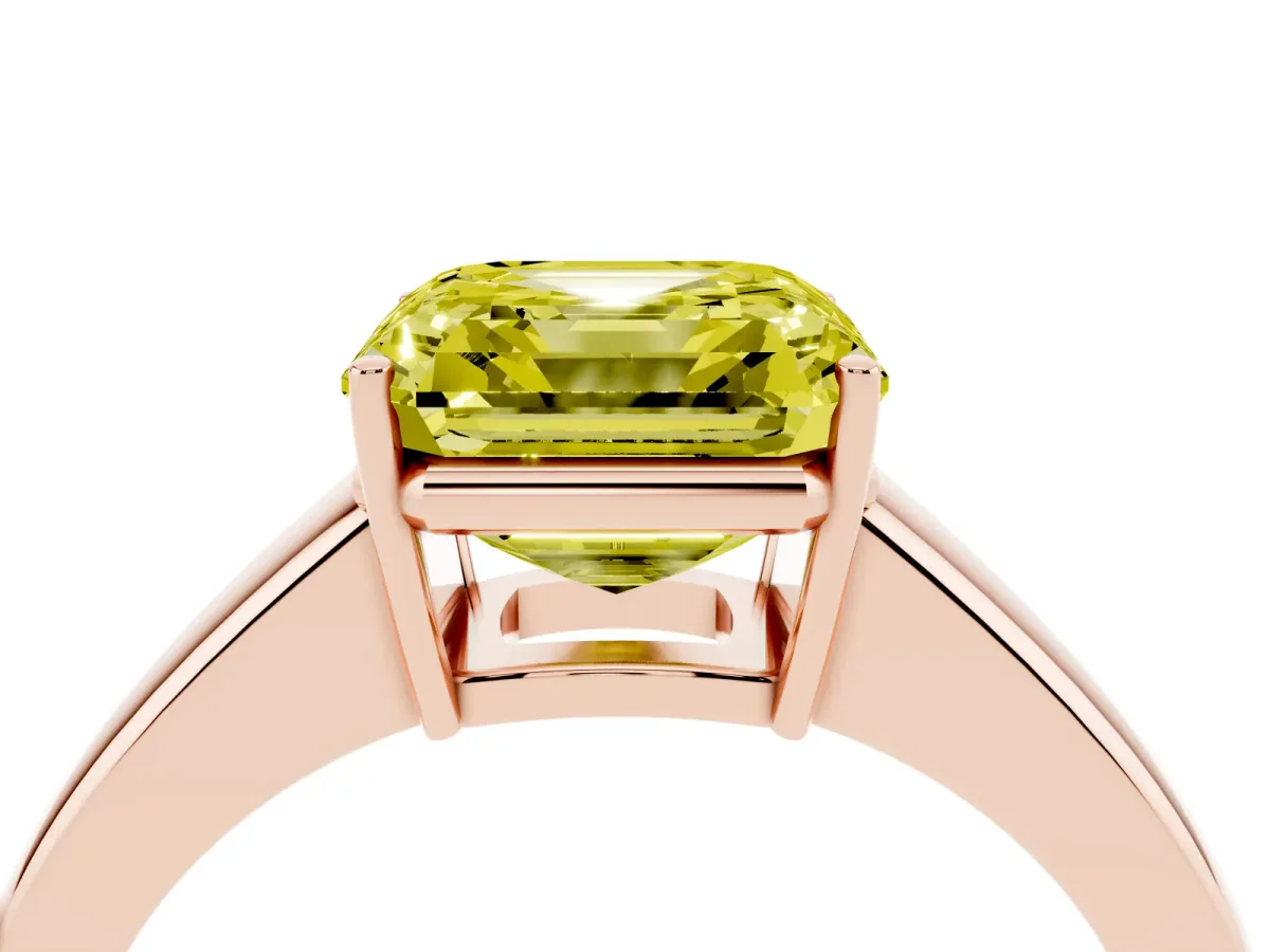Fancy Yellow Asscher Cut Solitaire Diamond Ring with Tapered Band and Four-Prong Setting Rose gold