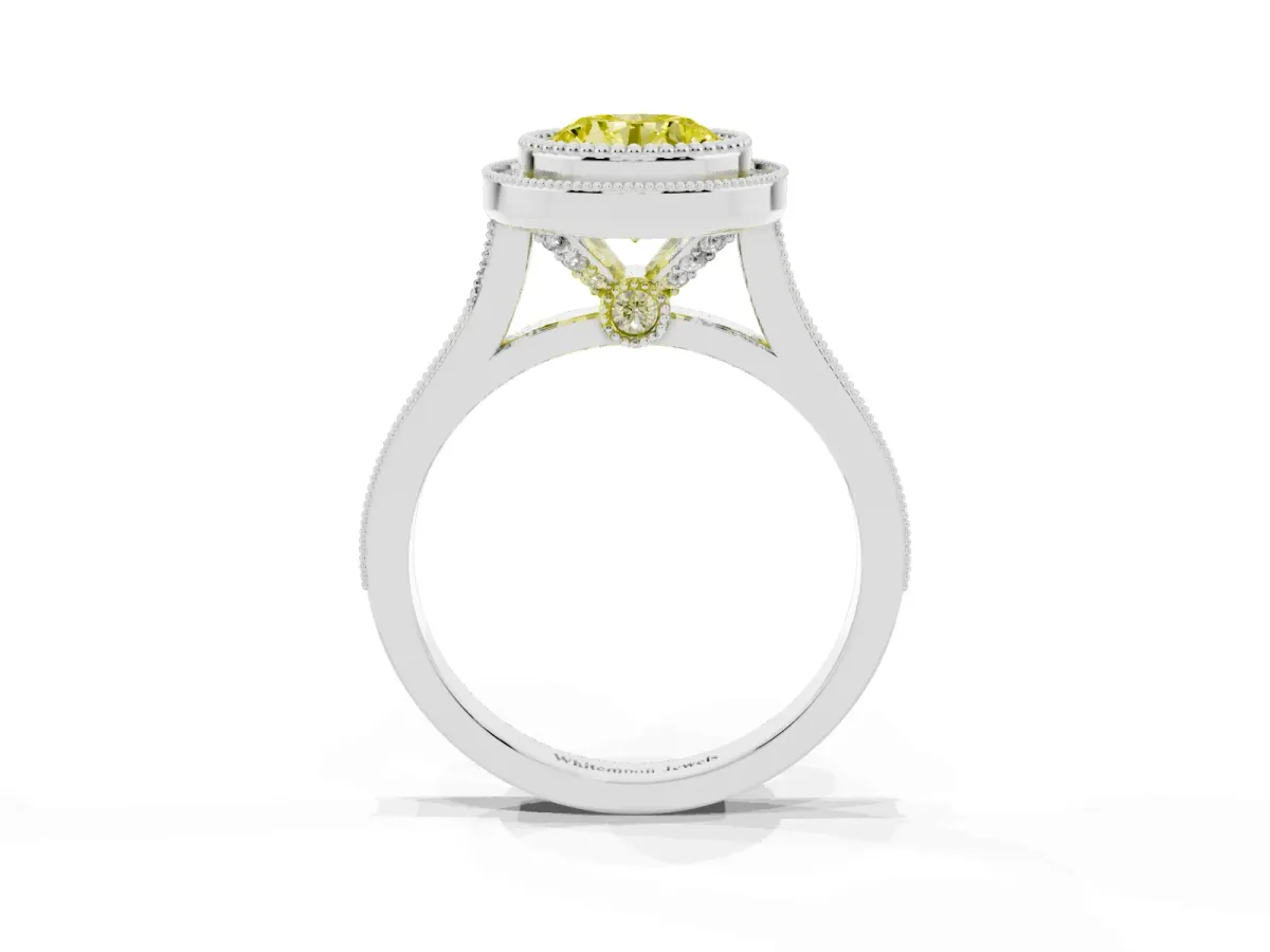 Fancy Yellow Round Cut Diamond Halo Ring with Milgrain Frame and Pavé Band Silver