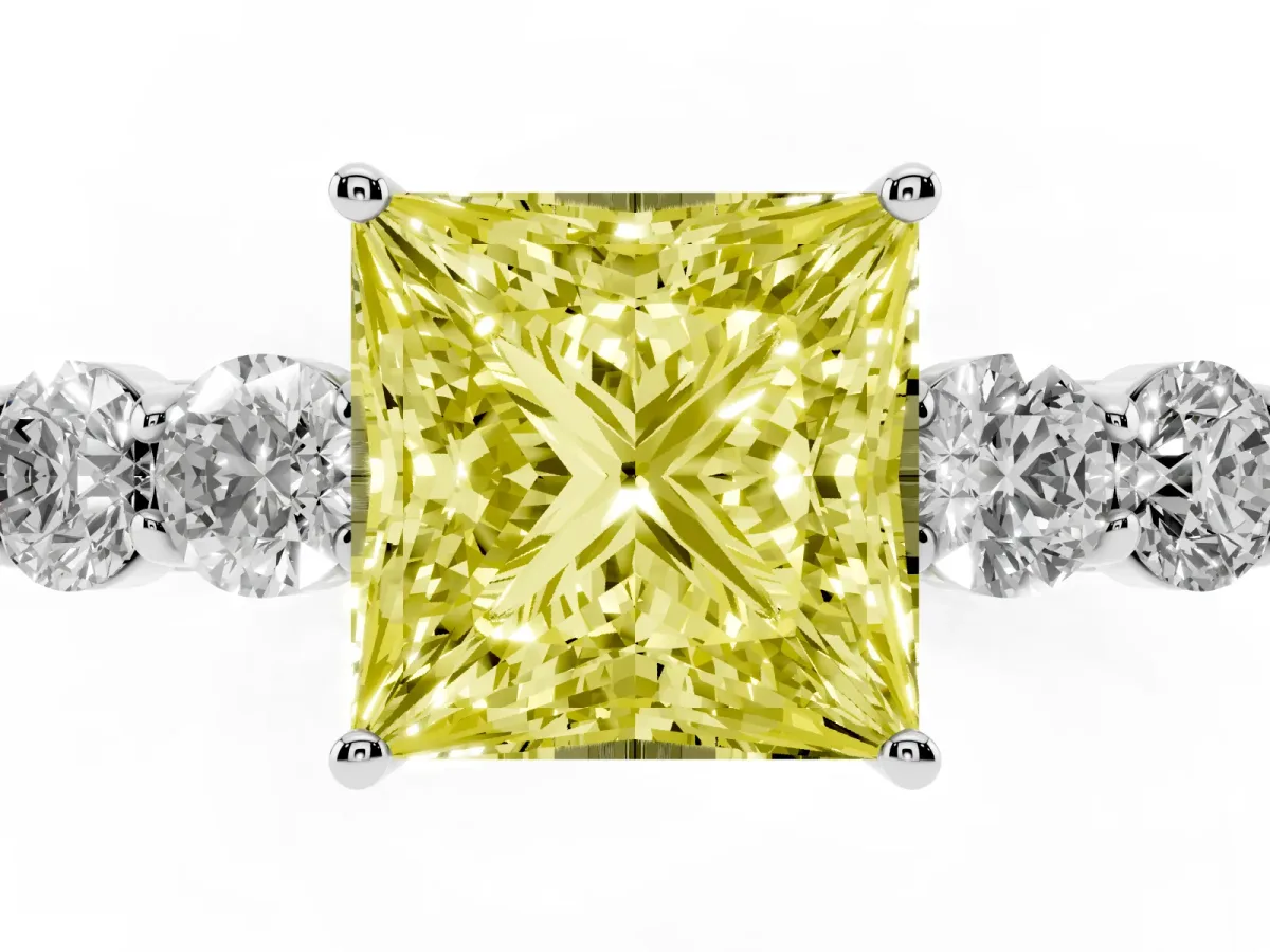 Fancy Yellow Princess Cut Cut Diamond Five-Stone Prong Set White Gold Ring Silver