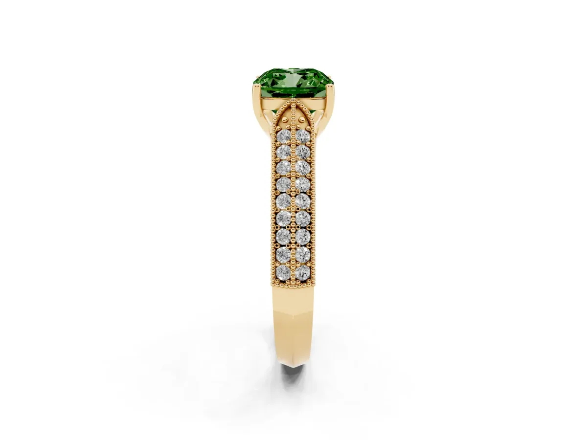 Fancy Green Cushion Cut Cut Pave Split Shank Engagement Ring with Four-Prong Setting Yellow gold