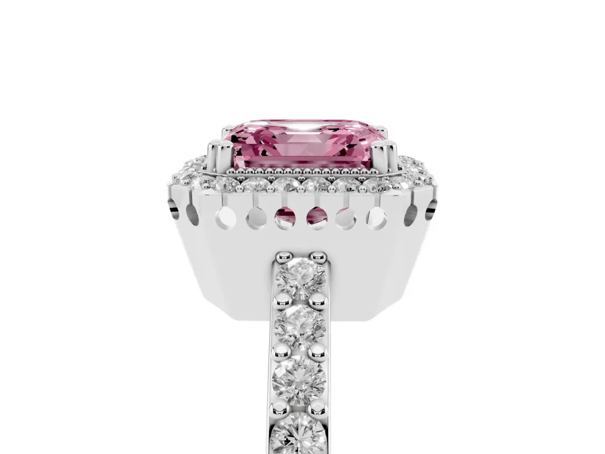 Fancy Pink Asscher Cut Cut Diamond Halo Engagement Ring with Milgrain Detail and Pavé Band Silver