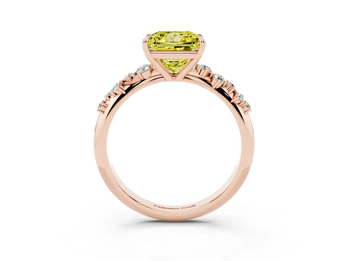 Fancy Yellow Princess Cut Diamond Cluster Side Stone Solitaire Ring with Prong Setting Rose gold