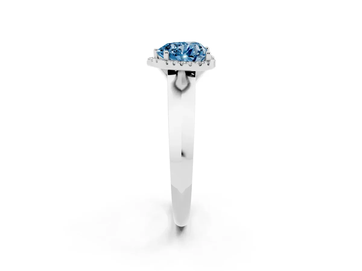 Fancy Blue Heart Cut Halo Diamond Ring with Cathedral Band and Four-Prong Setting Silver