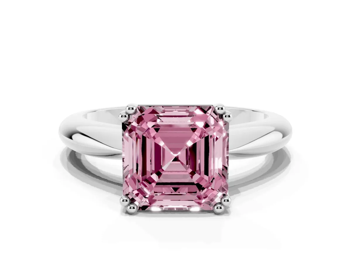 Fancy Pink Asscher Cut Cut Solitaire Engagement Ring with Tapered Band and Four-Prong Setting Platinum