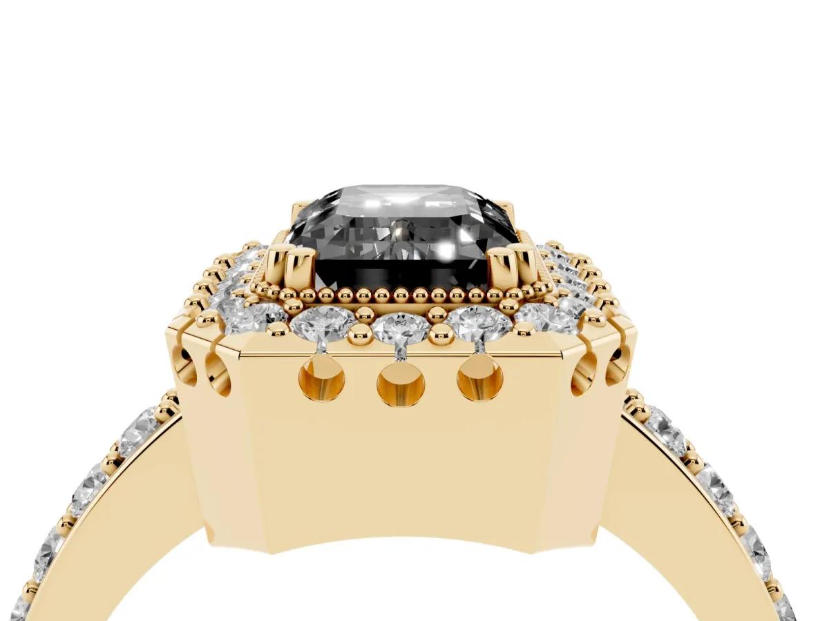 Fancy Black Emerald Cut Diamond Halo Ring with Pavé Band and Prong Setting Yellow gold