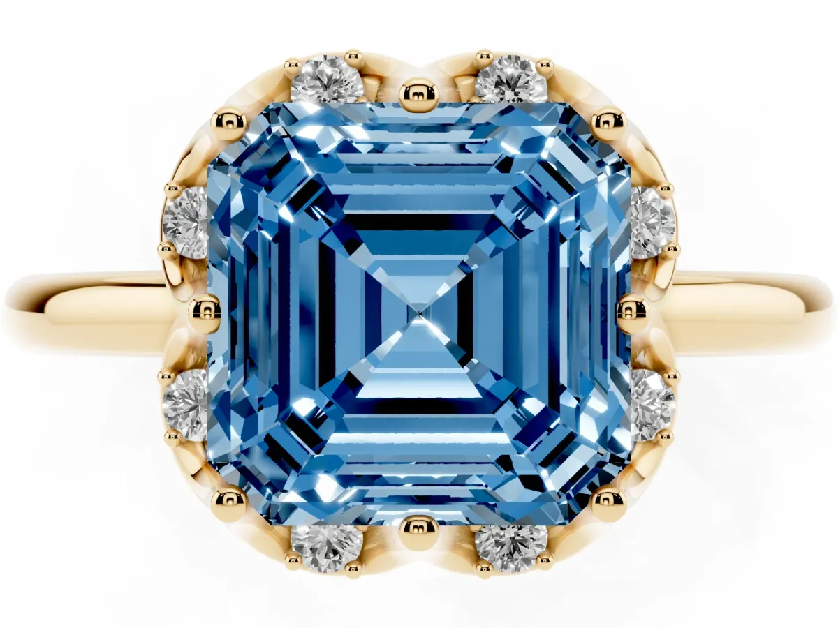 Fancy Blue Asscher Cut Halo Diamond Ring with Round Cluster Setting, Solitaire Band, and Four-Prong Setting Yellow gold