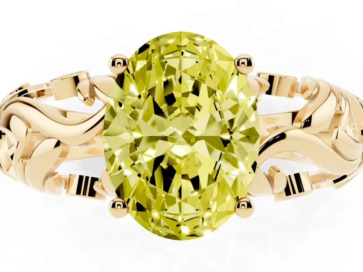 Fancy Yellow Oval Cut Solitaire Diamond Leaf-Inspired Vine Band Ring with Prong Setting Yellow gold