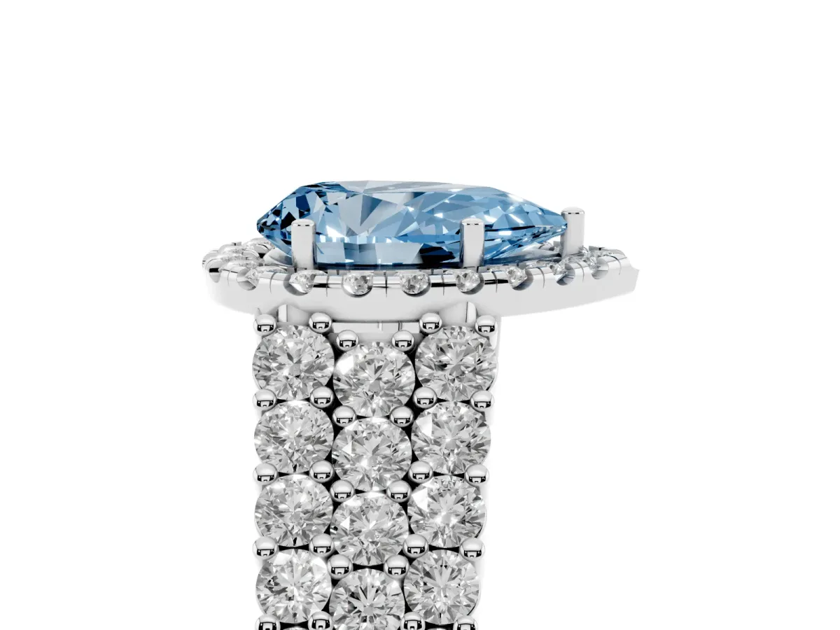 Fancy Blue Pear Cut Diamond Halo Engagement Ring with Triple Row Round Pavé Band and Prong Setting White gold