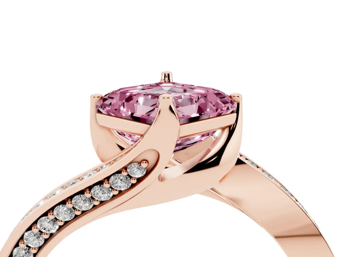 Fancy Pink Asscher Cut Solitaire Diamond Twist Band with Pavé Setting and Four-Prong Setting Rose gold