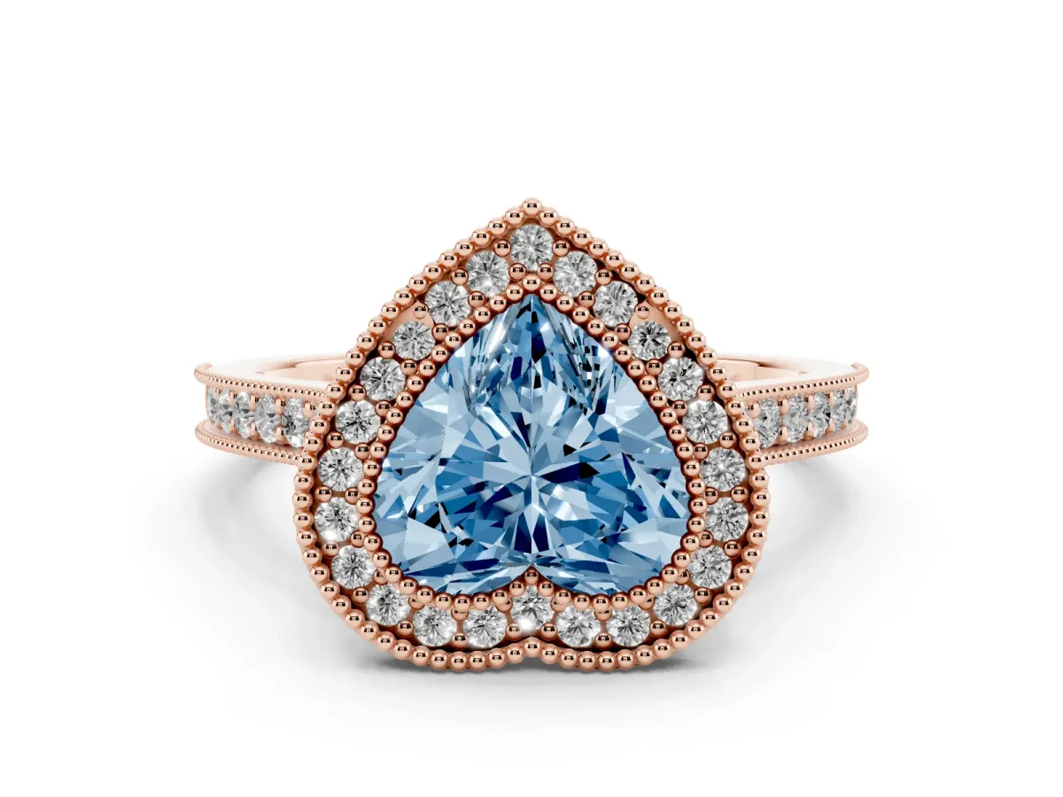 Fancy Blue Halo Heart Cut-Cut Diamond Pave Band Milgrain Prong Setting Ring Rose gold
