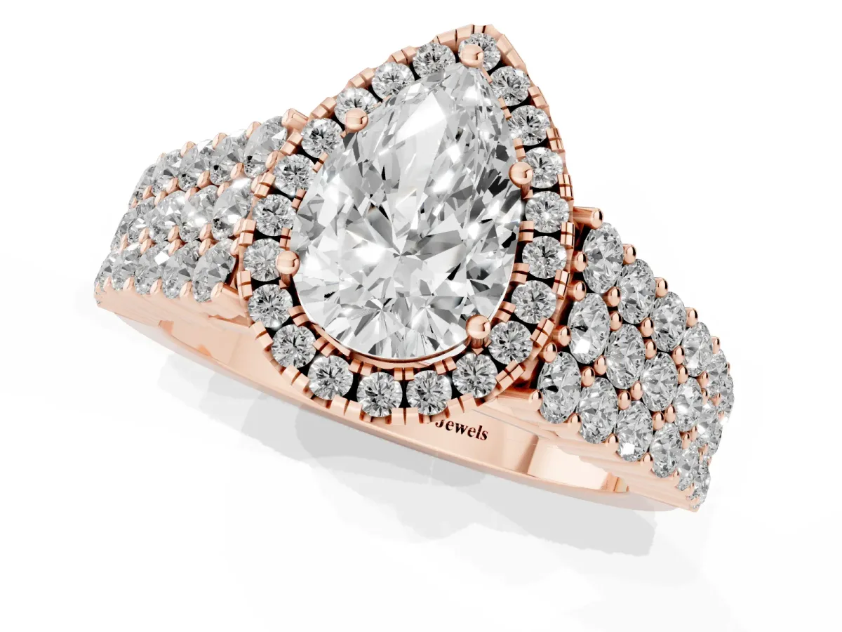 Pear Cut Diamond Halo Engagement Ring with Triple Row Round Pavé Band and Prong Setting Rose gold