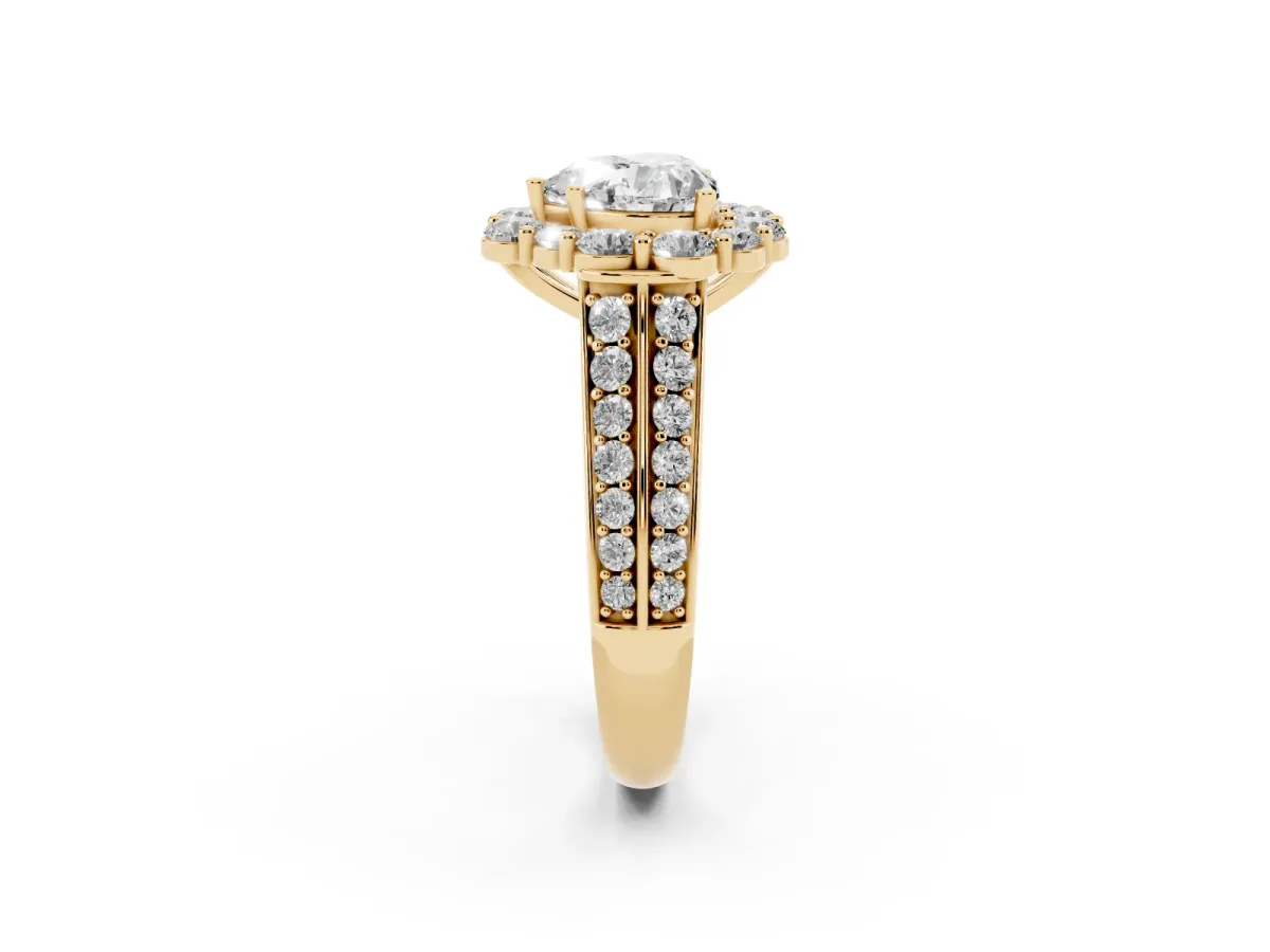 Heart Cut Halo Diamond Engagement Ring with Split Shank and Prong Setting Yellow gold