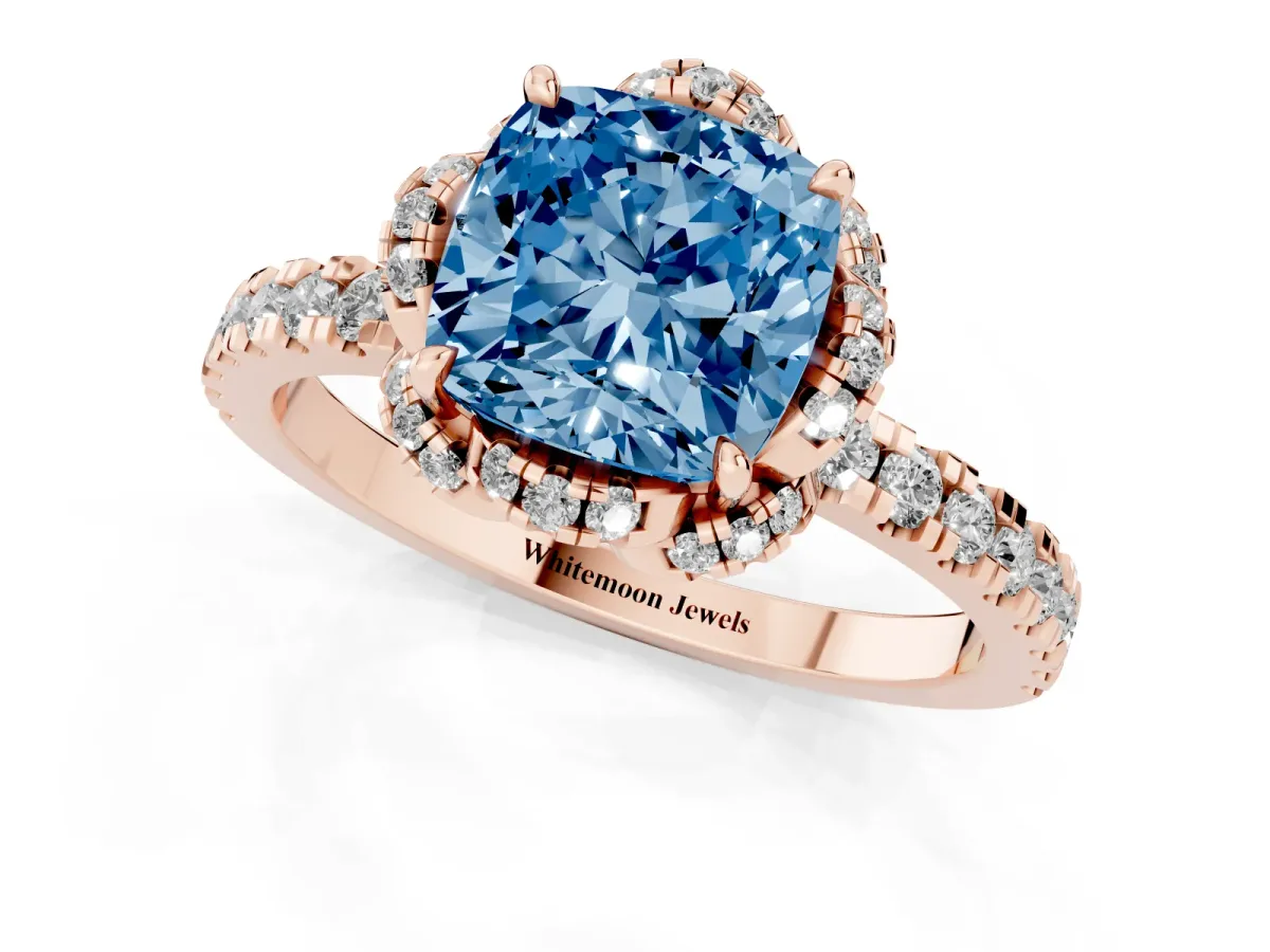 Fancy Blue Cushion Cut Diamond Halo Pave Band with Four-Prong Setting Rose gold
