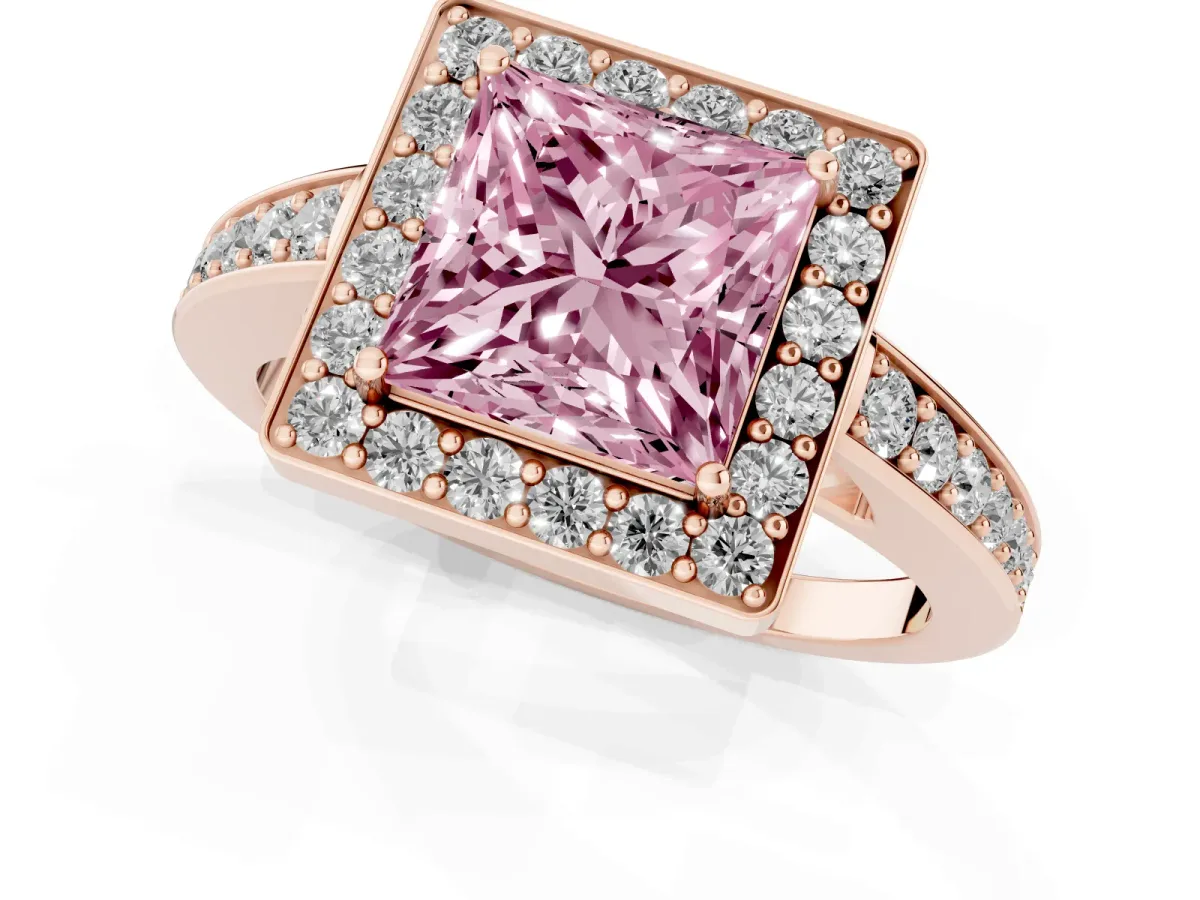 Fancy Pink Princess Cut Halo Pavé Diamond Engagement Ring with Bezel Setting Rose gold
