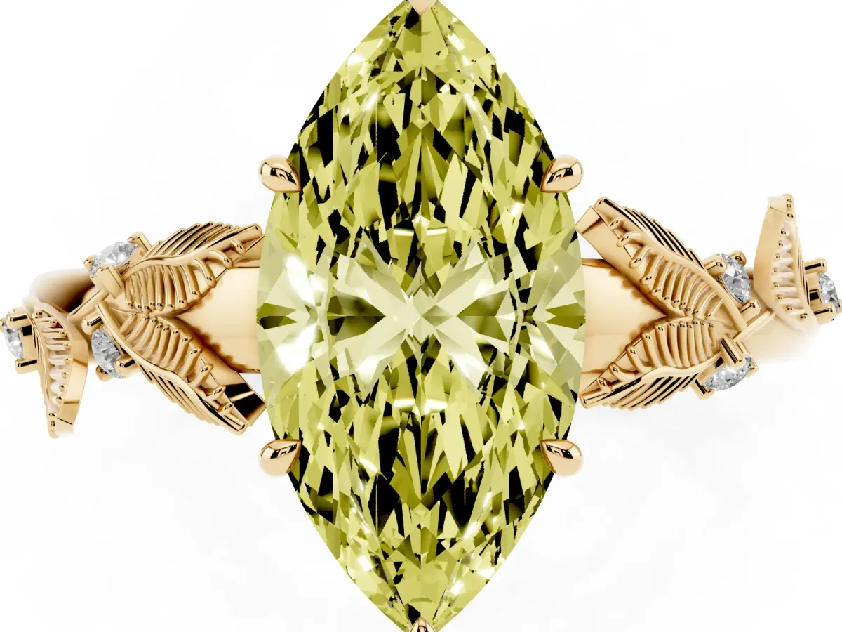 Fancy Yellow Marquise Cut Diamond Solitaire Ring with Leaf Motif Band and Four-Prong Setting Yellow gold