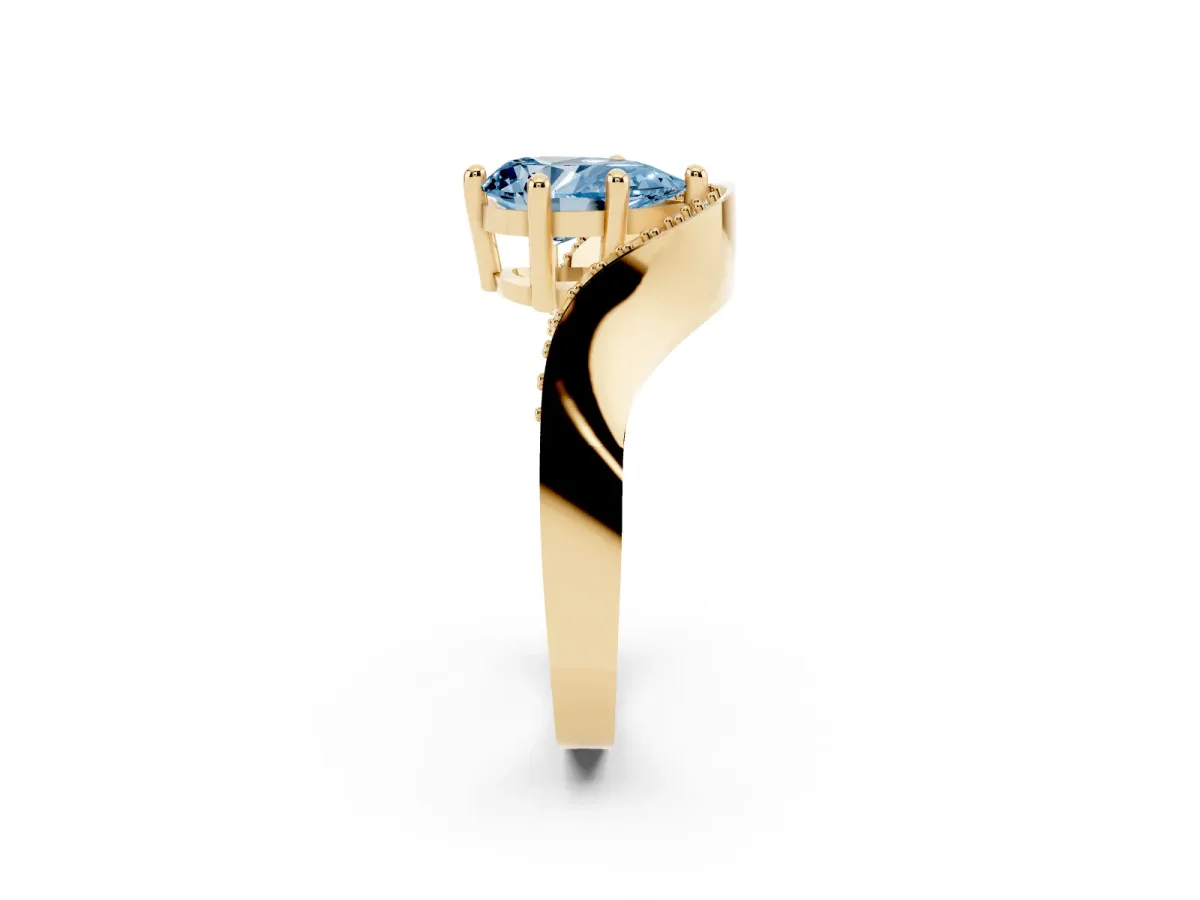 Fancy Blue Pear Cut Solitaire Diamond Engagement Ring with Pave Band and Four-Prong Setting Yellow gold