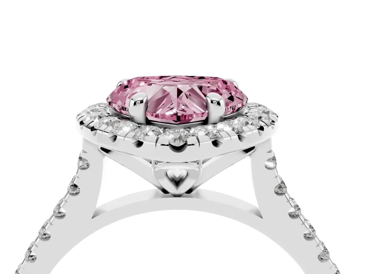 Fancy Pink Heart Cut Diamond Cushion Halo Ring with Pavé Band White gold
