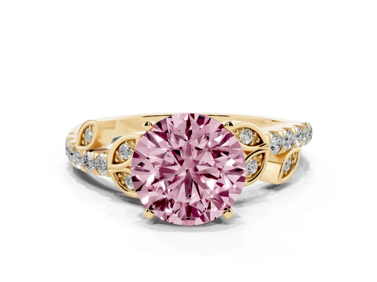 Fancy Pink Round Cut Solitaire Leaf-Inspired Diamond Ring with Pavé Band and Four-Prong Setting Yellow gold