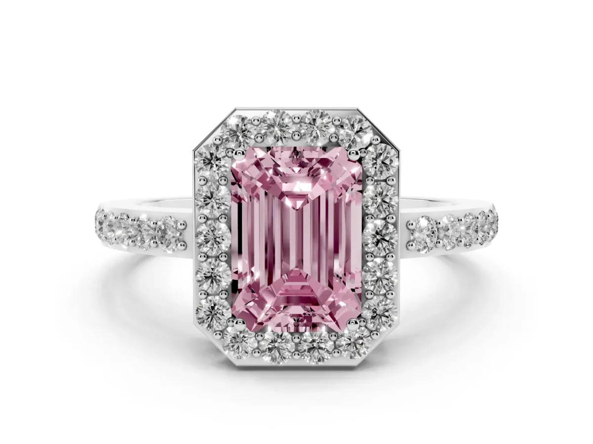 Fancy Pink Emerald Cut Halo Diamond Pavé Band Ring with Prong Setting Platinum