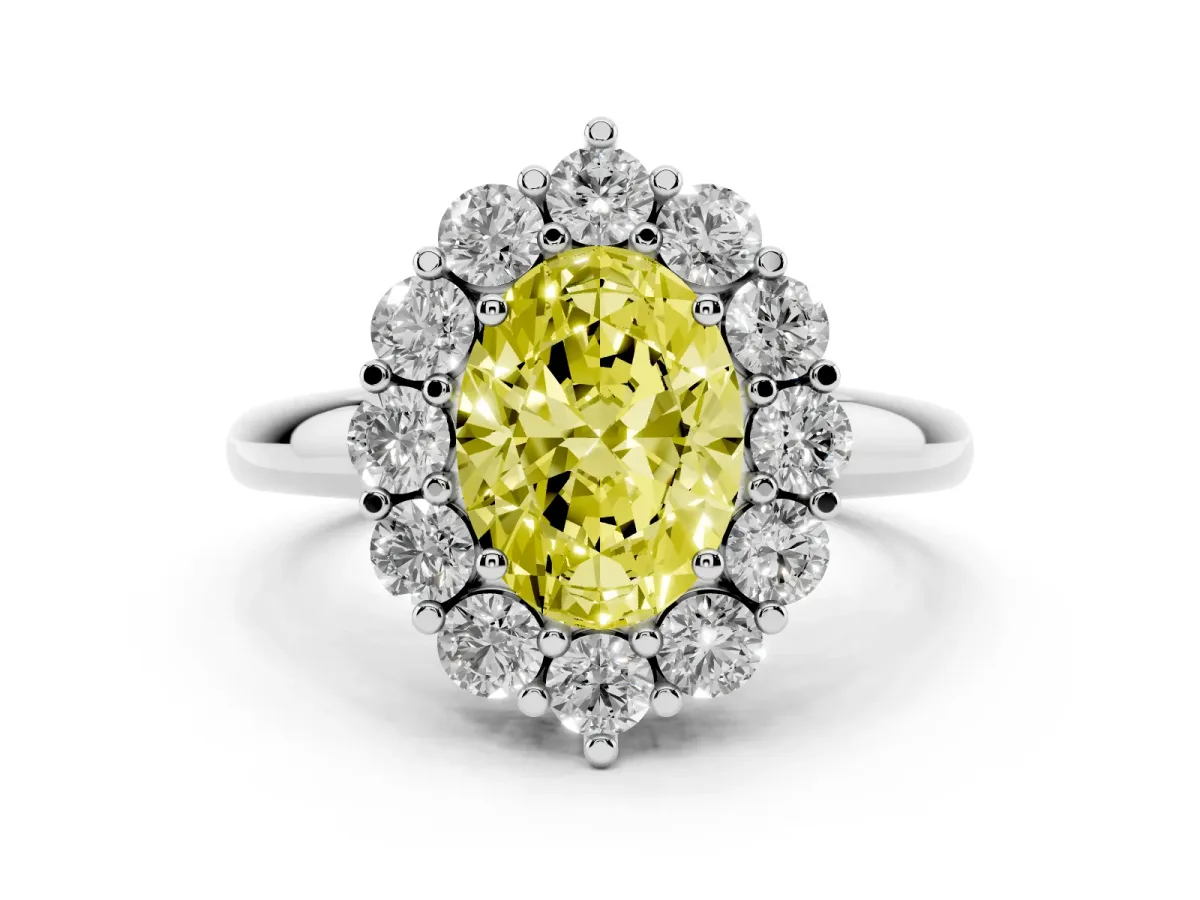 Fancy Yellow Oval Cut Halo Cluster Diamond Engagement Ring with Prong Setting and Polished Band Platinum