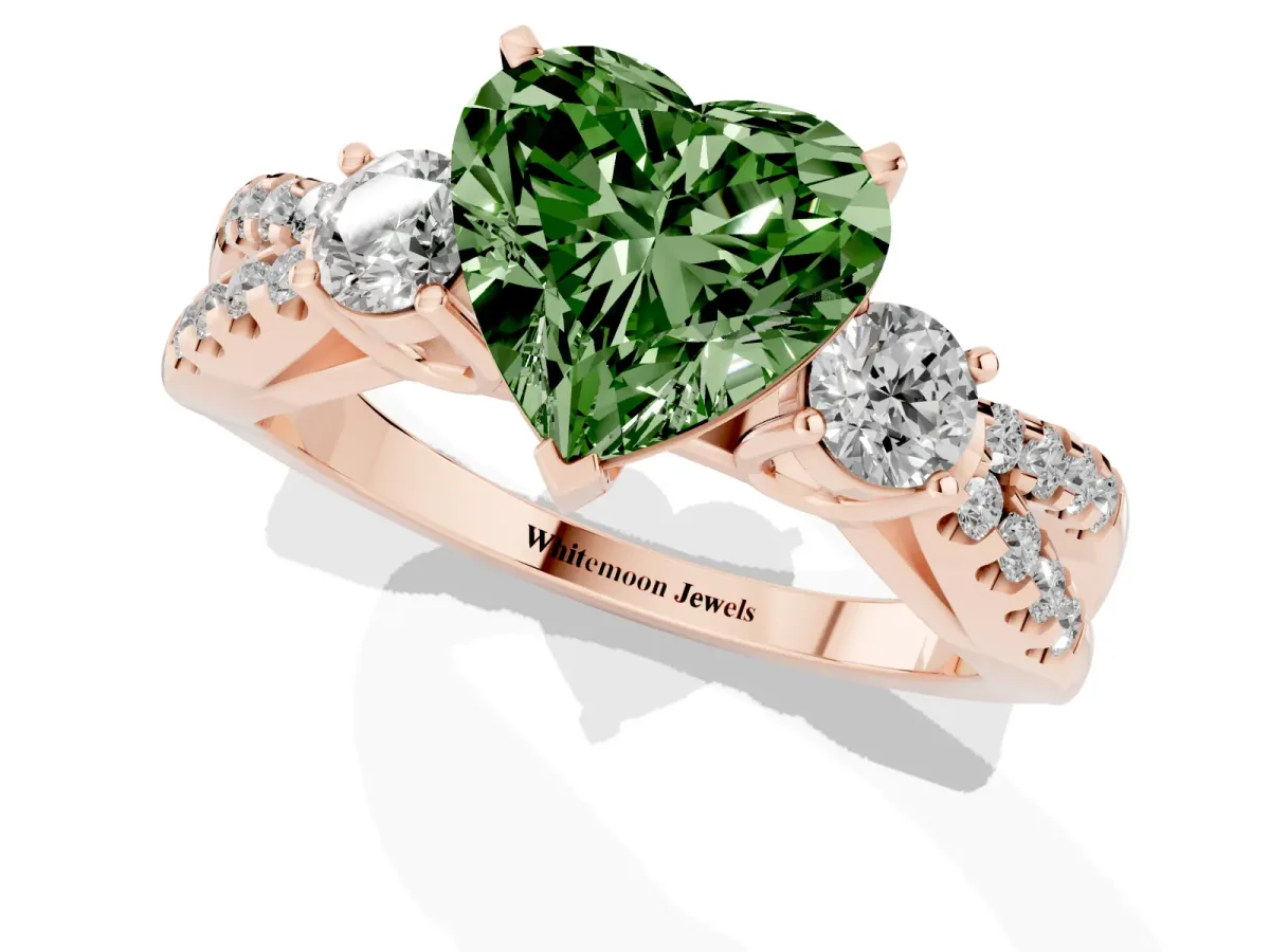 Fancy Green Heart Cut Diamond Three-Stone Ring with Pavé Split Shank and Four-Prong Setting Rose gold