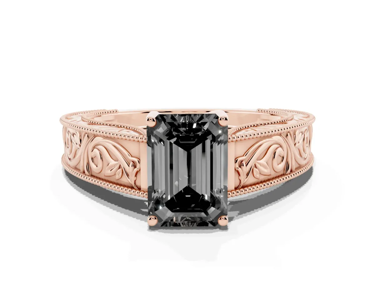 Fancy Black Emerald Cut Diamond Solitaire Ring with Engraved Band and Four-Prong Setting Rose gold