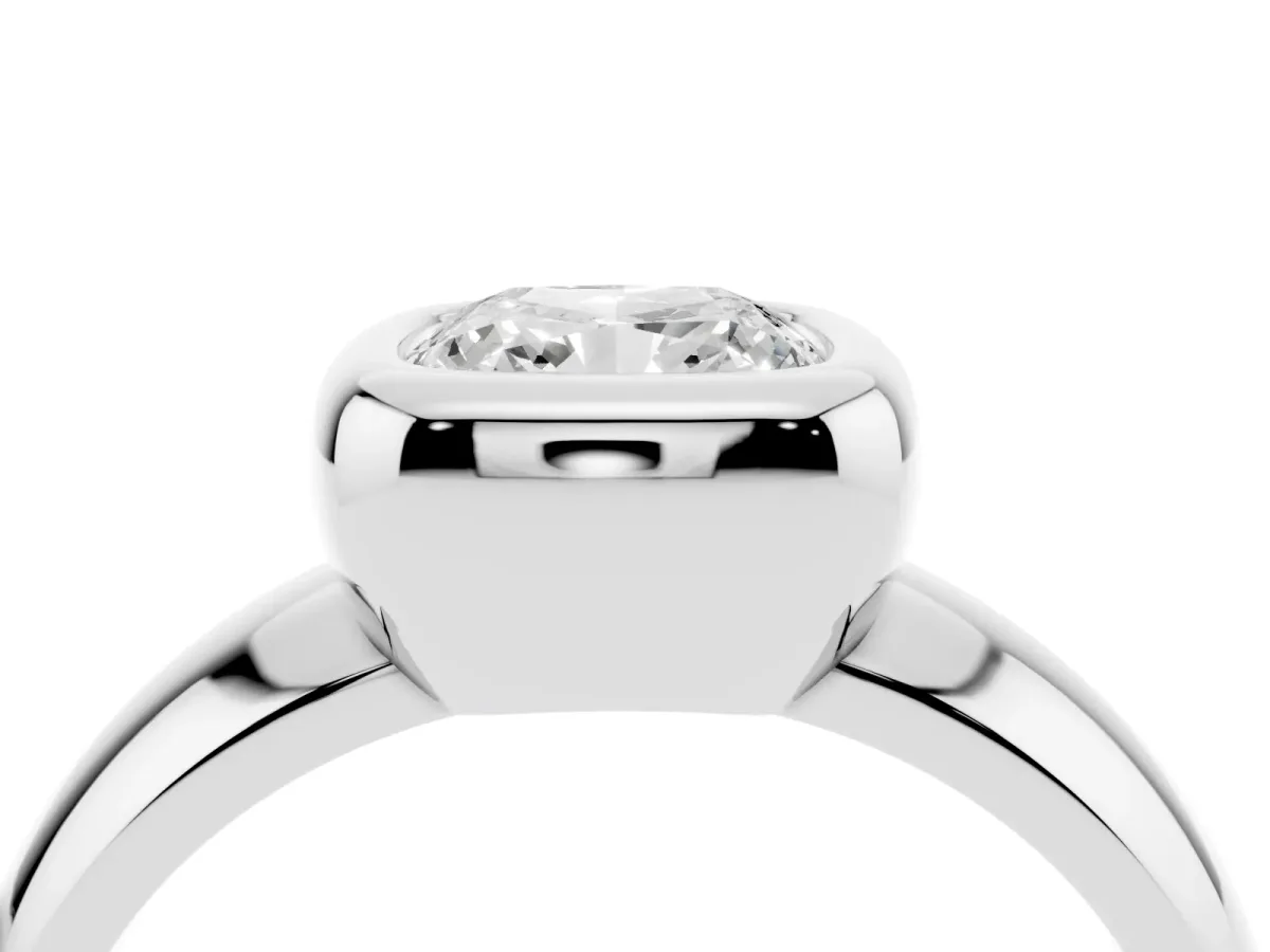 Bezel Set Cushion Cut Solitaire Ring with Wide Band White gold