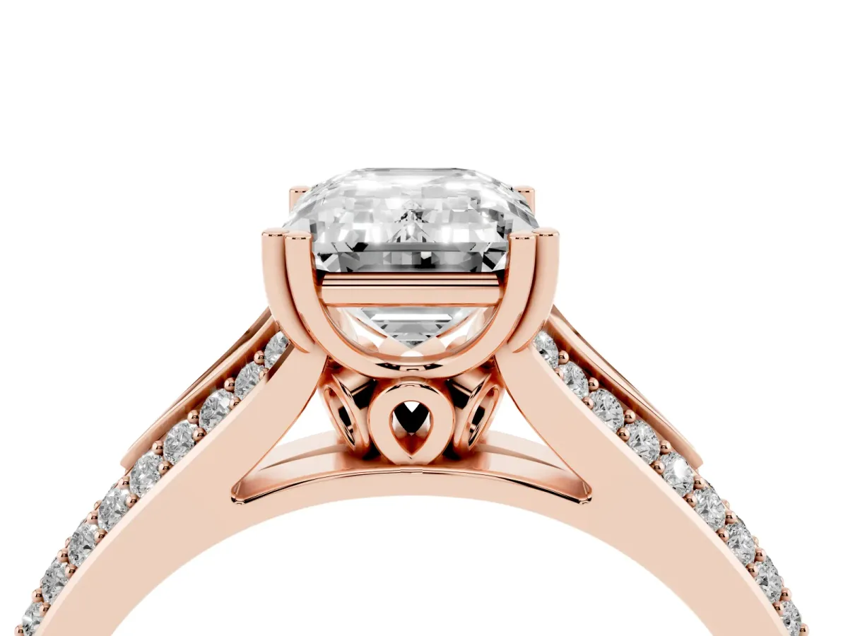 Emerald Cut Diamond Split Shank Engagement Ring with Pavé Band Rose gold