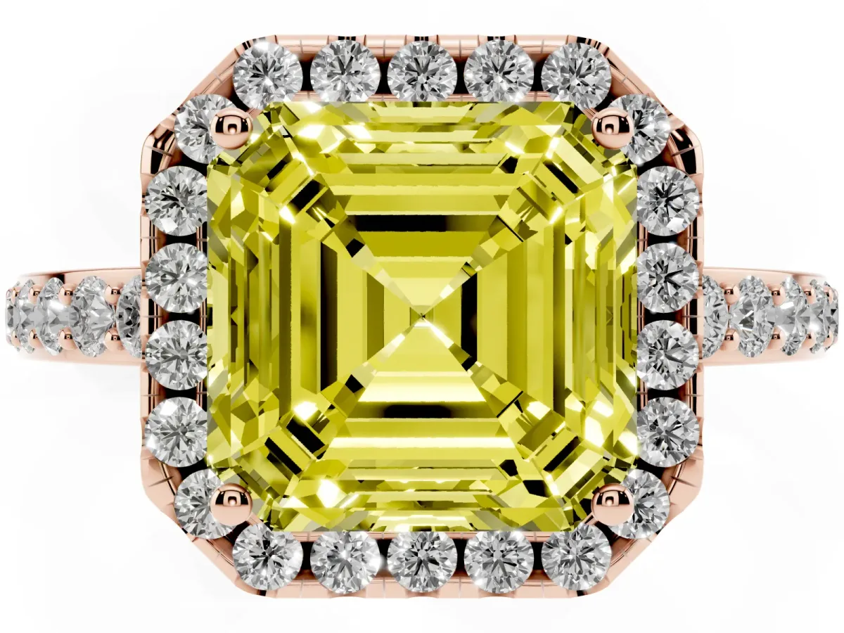 Fancy Yellow Asscher Cut Halo Diamond Pavé Band Ring with Prong Setting Rose gold